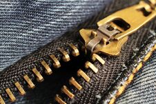 Metal Zipper And Lock On Jeans Background, Macro Stock Image