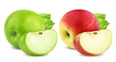 Apple Collection. One Green And Single Red Apples And Quarter Piece Isolated On White Background Stock Images