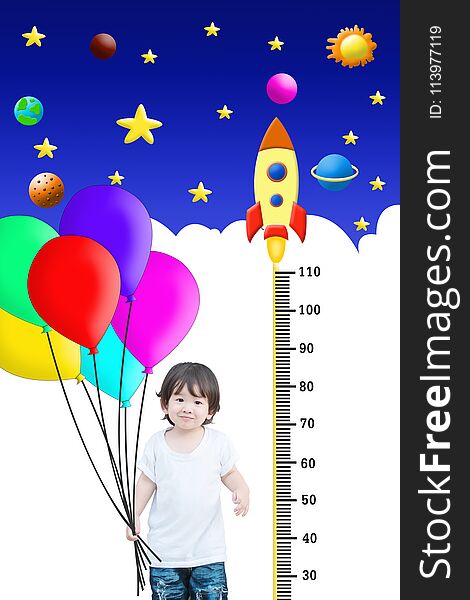 Closeup happy asian kid hold colorful balloon with measure height and cute cartoon background