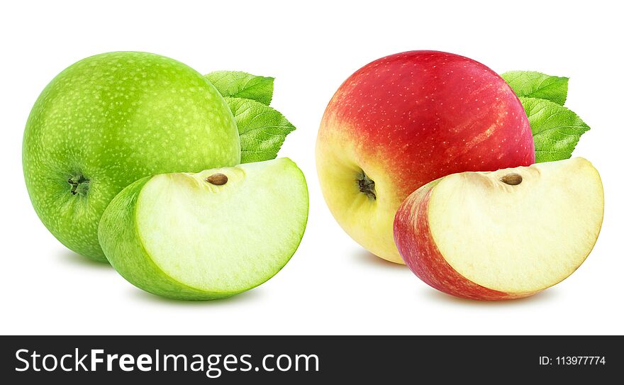 Apple collection. One green and single red apples and quarter piece isolated on white background with clipping path