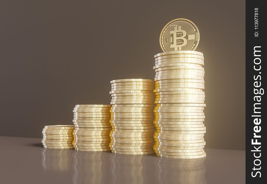Five Virtual Coins Bitcoins On Printed Circuit Board. 3D Illustration. symbol, trade, virtual, web, yellow
