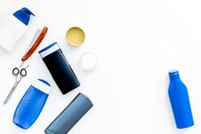 Cosmetics For Men`s Hair. Bottles With Shampoo And Gel, Tools For Brushing, Sciccors On White Background Top View Copy Stock Image Cosmetics For Men`s Hair. Bottles With Shampoo And Gel, Tools For Brushing, Sciccors On White Background Top View Copy Stock Image