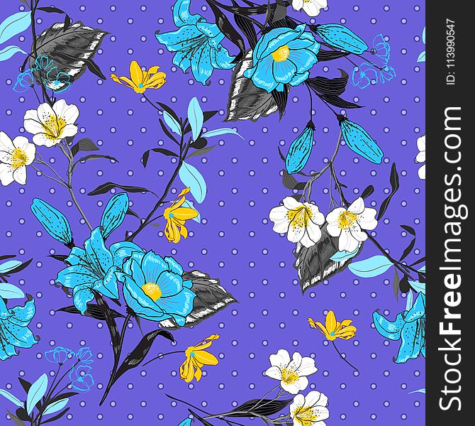 Fresh annd bright and softy blooming light blue flowers seamless pattern on pollka dots on trendy blue background for fashion fabric and all prints in hand drawn style.