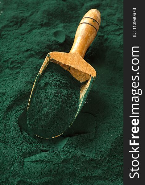 Organic spirulina powder. Spirulina is a superfood used as a food supplement source of vitamin protein and beta carotene