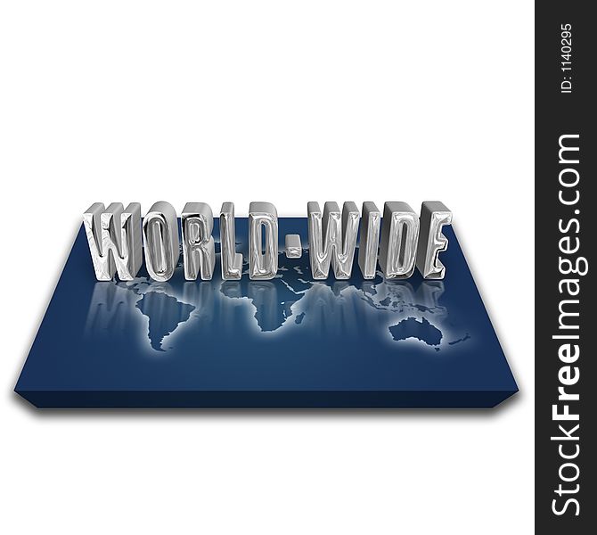 3d world map with silver reflective global text. 3d world map with silver reflective global text.