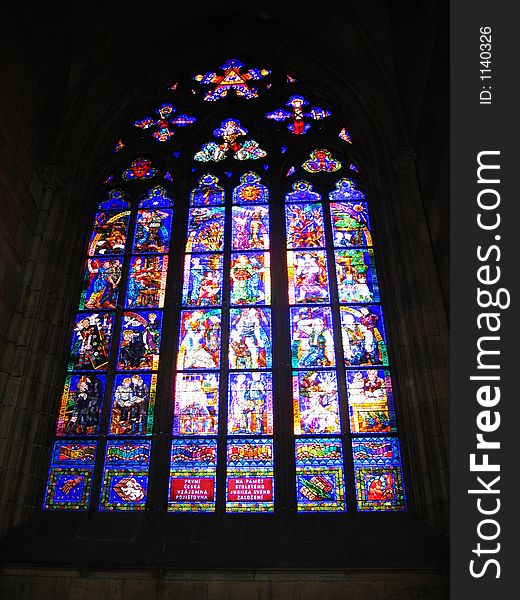 Stained-glass window of St. Vitus Cathedral. Stained-glass window of St. Vitus Cathedral