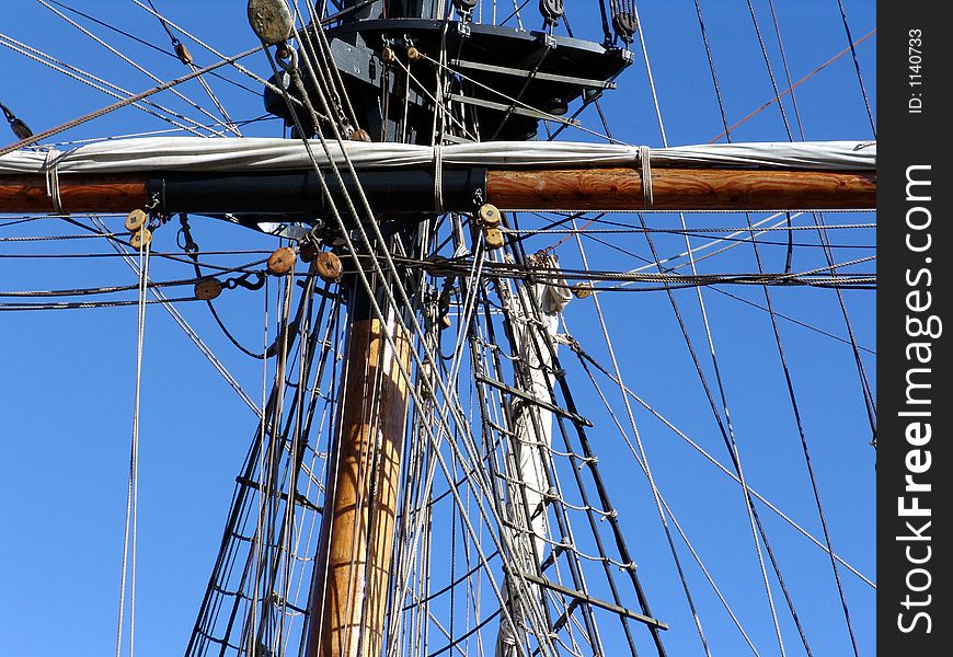Yardarm and rigging on talship mast. Yardarm and rigging on talship mast
