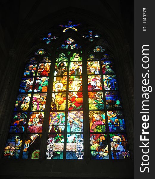 Stained-glass window of St. Vitus Cathedral. Stained-glass window of St. Vitus Cathedral