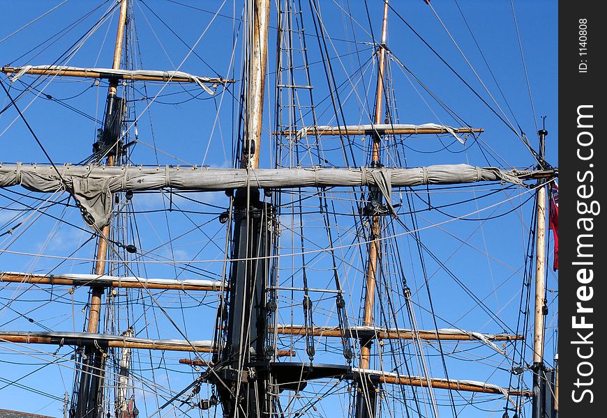Yardarms and masts on old tallships with rigging. Yardarms and masts on old tallships with rigging