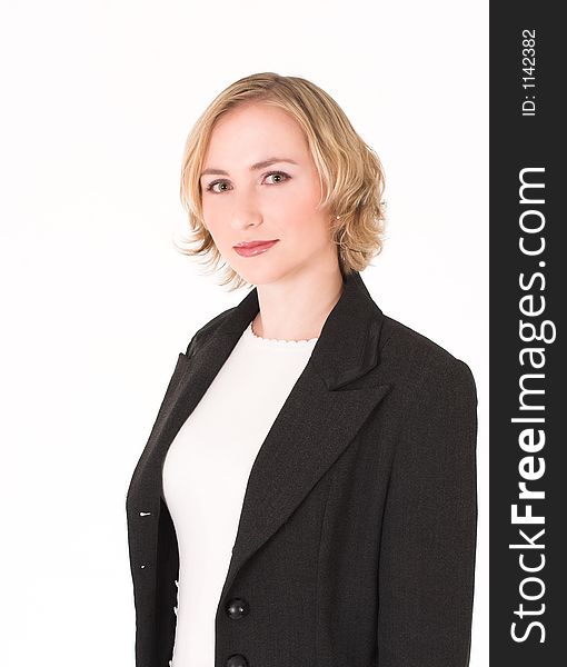 Business woman with power suit and white top