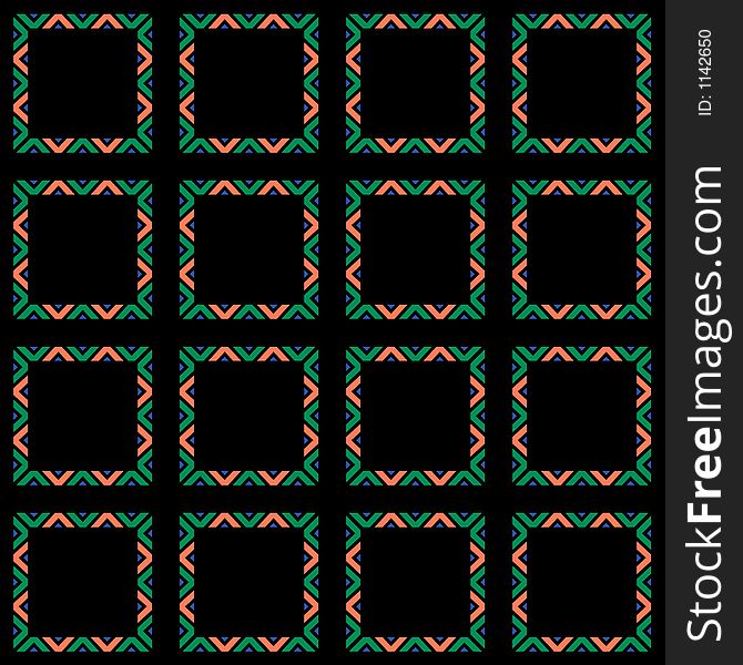 A set of 16 mosaic style frames on a black wallpaper background. A set of 16 mosaic style frames on a black wallpaper background