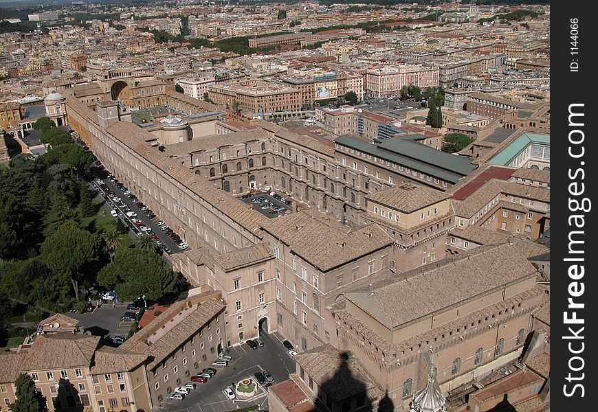 Vatican bird's eye view, photographed from the top of Saint Peter's Cathedral's dome.