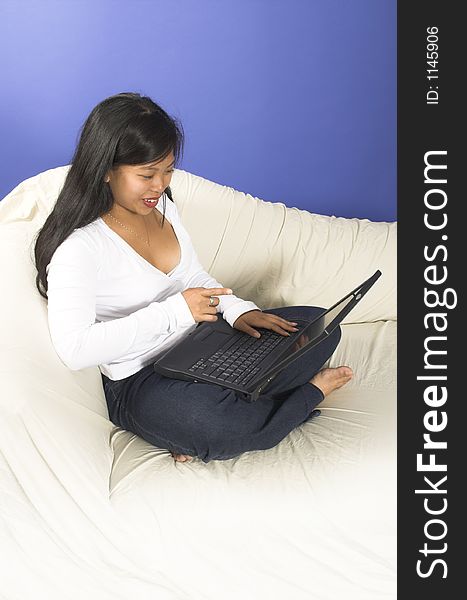 Girl in good posture with laptop. Girl in good posture with laptop