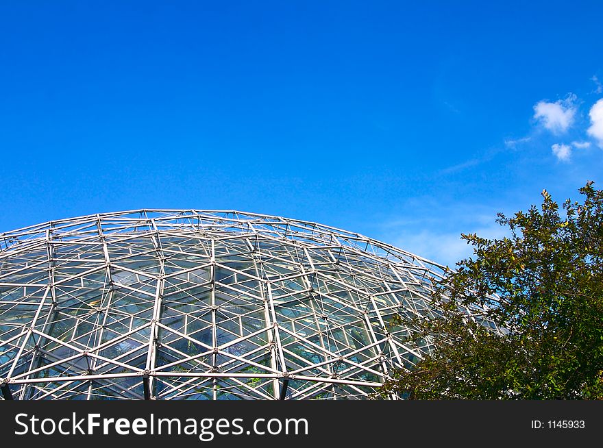 Geodesic dome made of glass amongst some trees