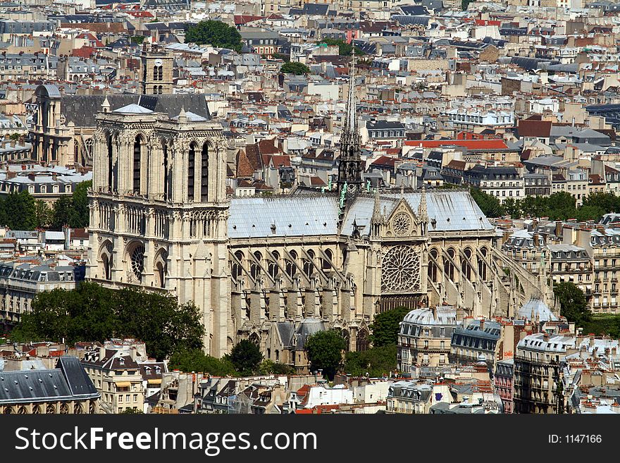 Notre dame de paris cathedral aerial view