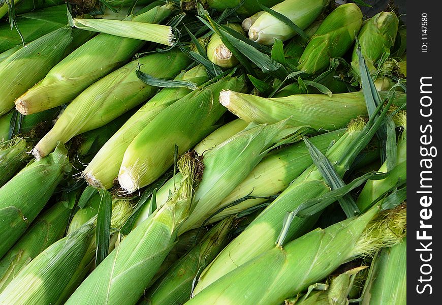 Crate of fresh corn stacked for sale in an outdoor market. Crate of fresh corn stacked for sale in an outdoor market