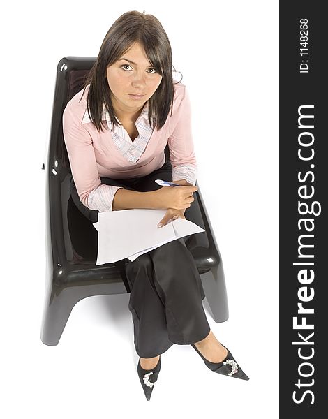Isolated woman on the chair doing notice