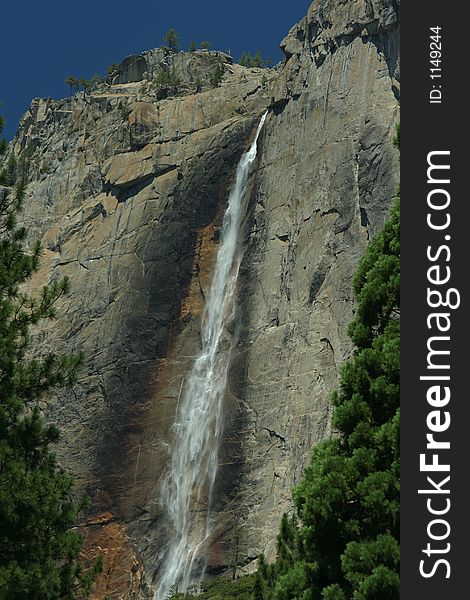 Yosemite Falls, California; framed by evergreens