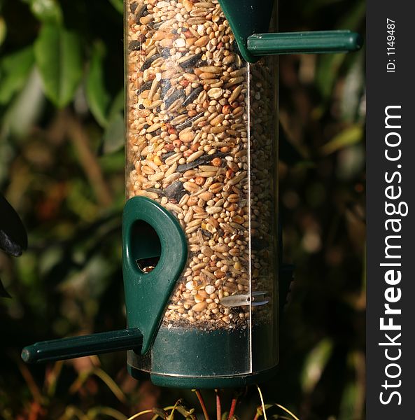 A plastic bird feeder with seed inside it hanging in a garden. A plastic bird feeder with seed inside it hanging in a garden
