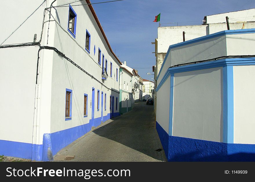 Traditional blue street of the region Alentejo, Reguengos de Monsaraz