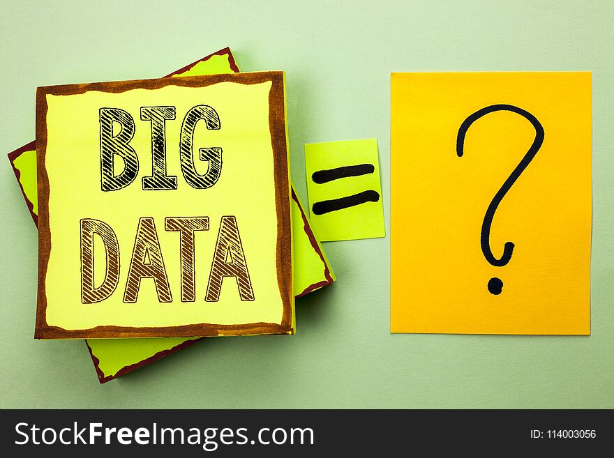 Conceptual hand writing showing Big Data. Business photo showcasing Huge Data Information Technology Cyberspace Bigdata Database Storage written Yellow Sticky Note plain background Ask for.