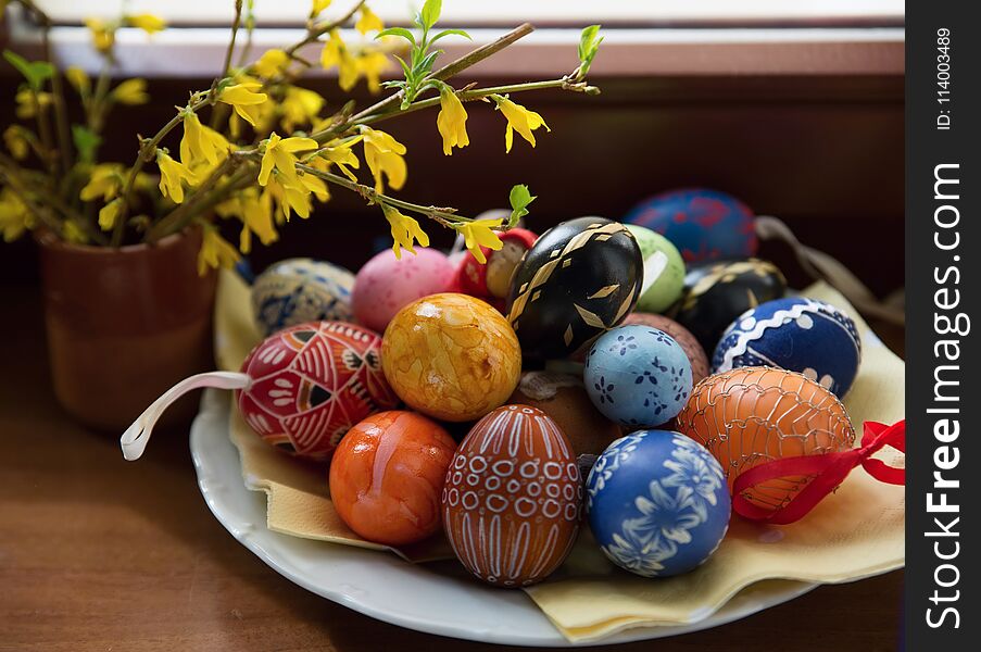 Many Decorative Easter Egg And Flower.