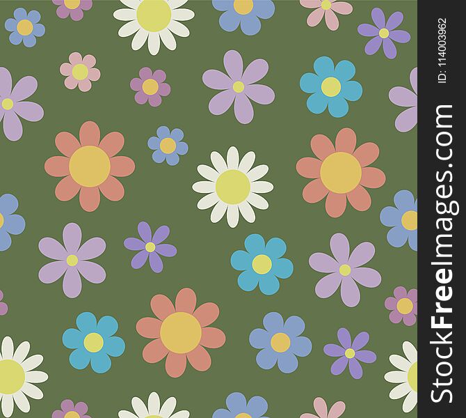 Vintage stylized daisy flower seamless pattern on green background, vector eps10