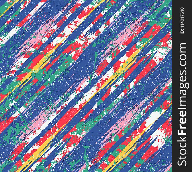 Striped pattern with brushed diagonal lines and stripes in bright colors. Vector grunge geometric texture with paint splatter and splash. Hand drawn bold bohemian background with ethnic, tribal motif