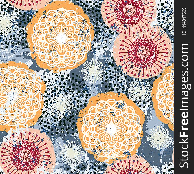 Vector floral grunge pattern on splash and splattered watercolor paint. Bold ethnic and tribal print with flowers in bright color on hand drawn background. Seamless bohemian texture in boho chic style