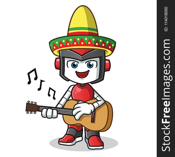 Robot humanoid playing guitar and wearing a sombrero mascot vector cartoon illustration