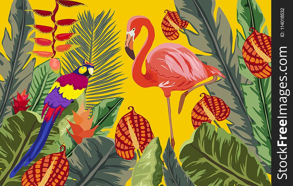 Hand drawn tropical pattern with bright hibiscus flowers and exotic palm leaves on dark background. Hand drawn tropical pattern with bright hibiscus flowers and exotic palm leaves on dark background.