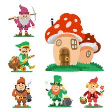 Fairy Tale Fantastic Gnome Dwarf Elf Character Poses Magical Leprechaun Cute Fairy Tale Man Vector Illustration Stock Images