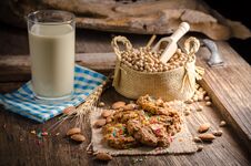 Soy Milk And Cookies On A Wooden Table Stock Image