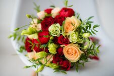 Bridal Bouquet Of Red Roses, With Red Satin Ribbons Royalty Free Stock Photography