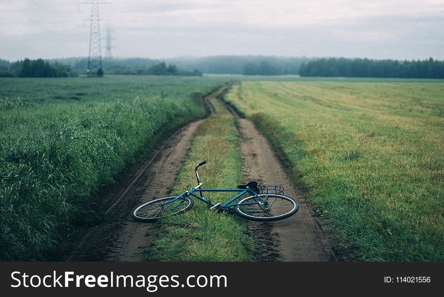 Landscape Photography of Blue Commuter Bike on Green Grass