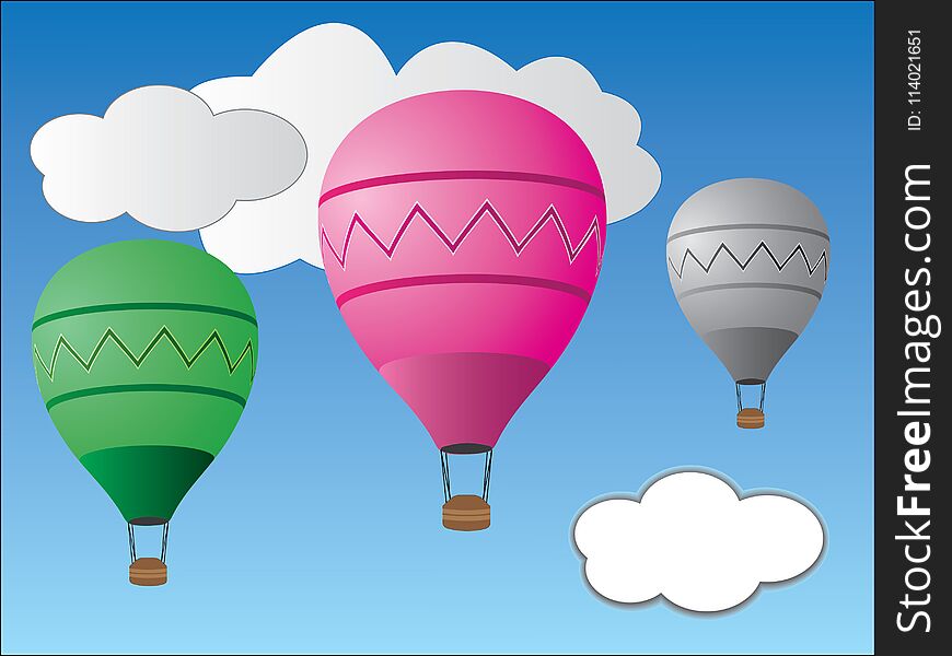 Green, pink, gray hot air balloons are playing in the blue sky. Green, pink, gray hot air balloons are playing in the blue sky