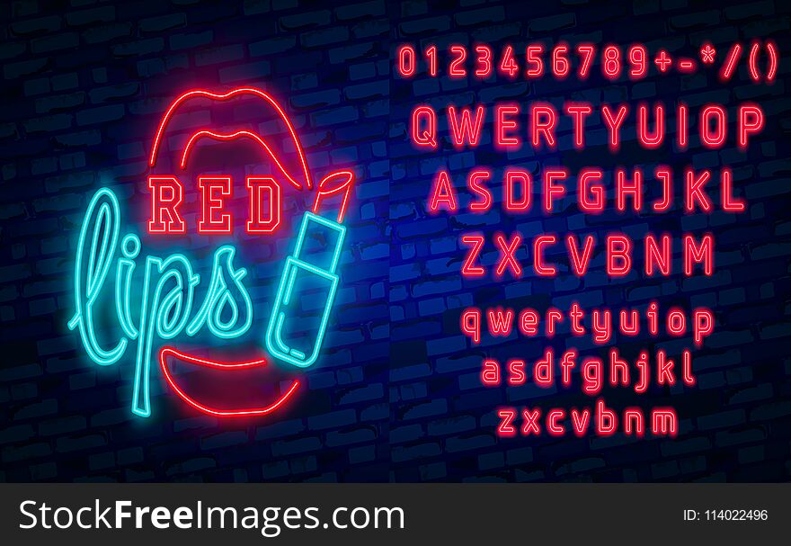 Red Lips neon sign, Set fashion neon sign. bright signboard, light banner. Vector icons