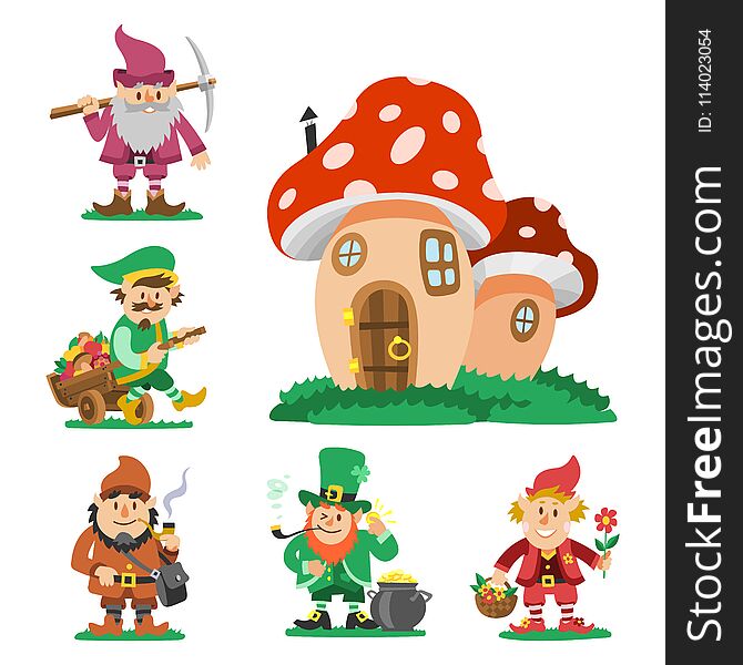 Fairy tale fantastic gnome dwarf elf character poses magical leprechaun cute fairy tale man vector illustration