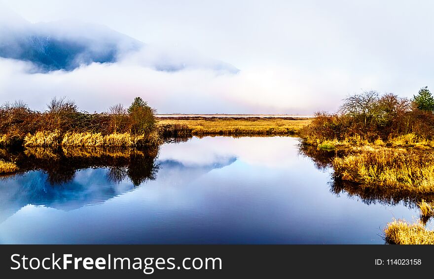 Fog hanging over the Pitt River and Pitt-Addington Marsh in Pitt Polder near Maple Ridge in British Columbia, Canada