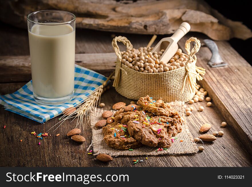 Soy Milk And Cookies On A Wooden Table