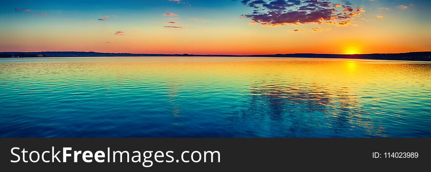 Sunset Over The Lake. Amazing Panorama Landscape