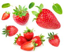 Strawberry Isolated On White Background. Red Ripe Whole Strawberry With Sliced Half And Leaves, Macro. Stock Photos