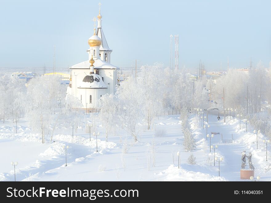 Winter Christmas landscape on the background of the Temple. Winter Christmas landscape on the background of the Temple