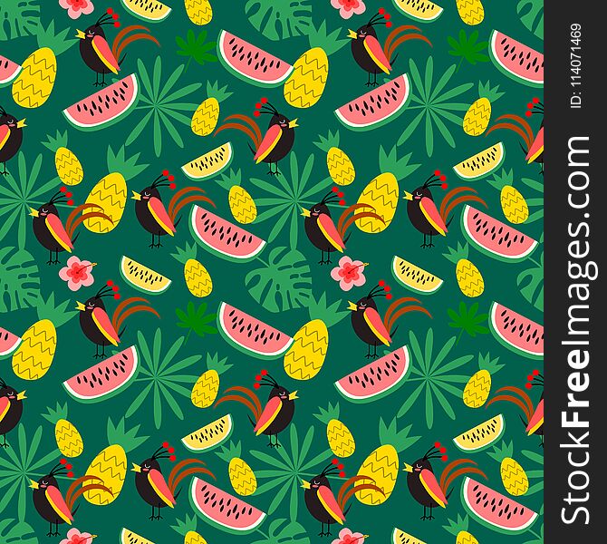 Tropical bird and tropical forest seamless pattern. Colorful in nature