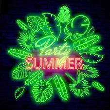 Glowing Neon Summer Sign With Neon Tropical Exotic Leaves Royalty Free Stock Image