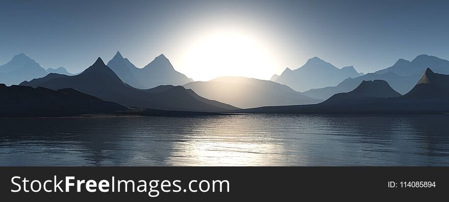 Mountain sunset, landscape of mountains with water and sun, panorama of mountains, 3D rendering