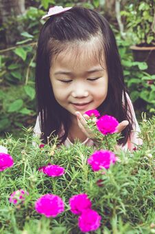 Asian Child Admiring For Pink Flowers And Nature Around At Backyard. Vintage Tone. Royalty Free Stock Images