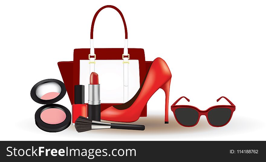 Woman Makeup With Bag, Shoe And Sunglasses