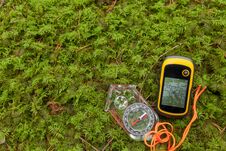 Finding The Right Position In The Forest With A Compass And GPS Royalty Free Stock Photography Finding The Right Position In The Forest With A Compass And GPS Royalty Free Stock Photography