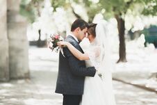 Gorgeous Wedding Couple Walking In The Old City Of Lviv Stock Image